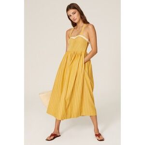 THE GREAT Laurel Striped Midi Dress Womens 0 Yellow Cotton Smocked Lace Pockets